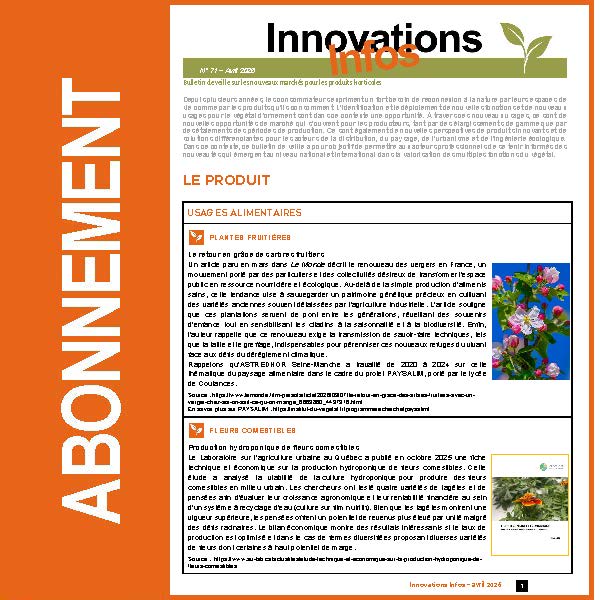 Bulletin de veille "Innovations Infos". Abonnement 2026